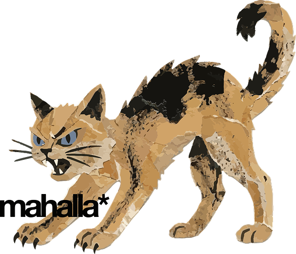 A hissing calico cat with the mahalla* logo